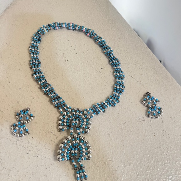 Jewelry - 1970's Silvertone Turquoise Safety Pin Necklace & Earring Set Southwestern